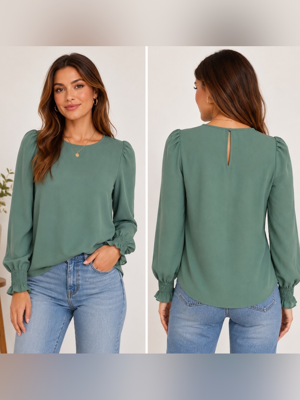 J.Crew Sage Green Smocked Cuff Blouse PXS